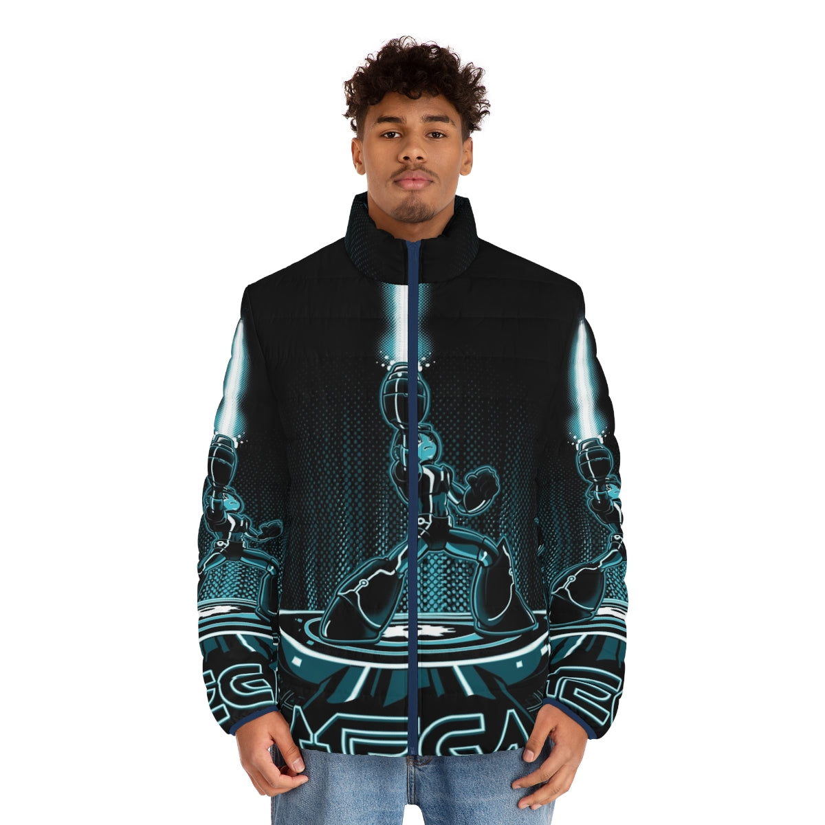 Mega 80s puffer jacket with video game and movie inspired design - men front