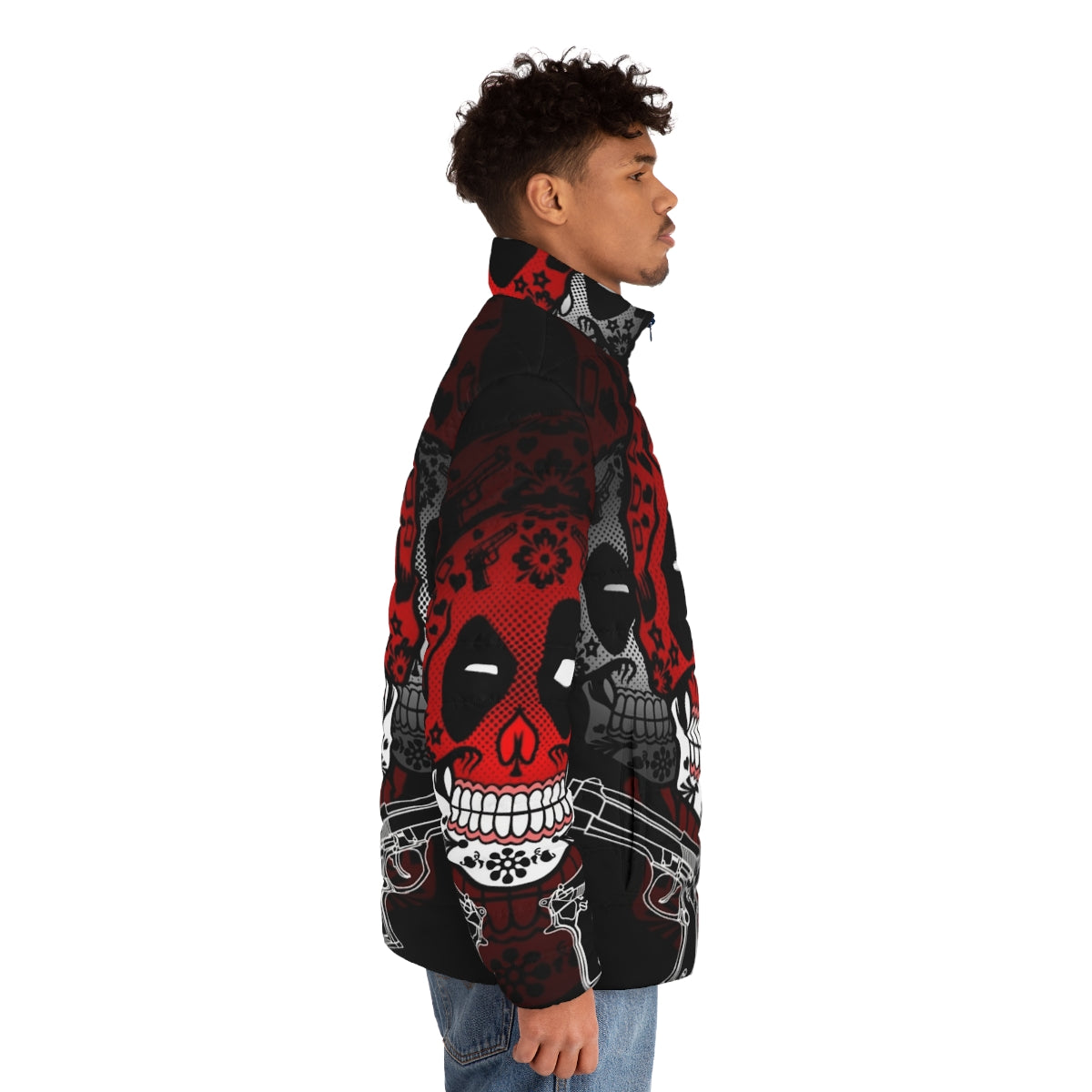 Colorful puffer jacket with day of the dead sugar skull design - men side right