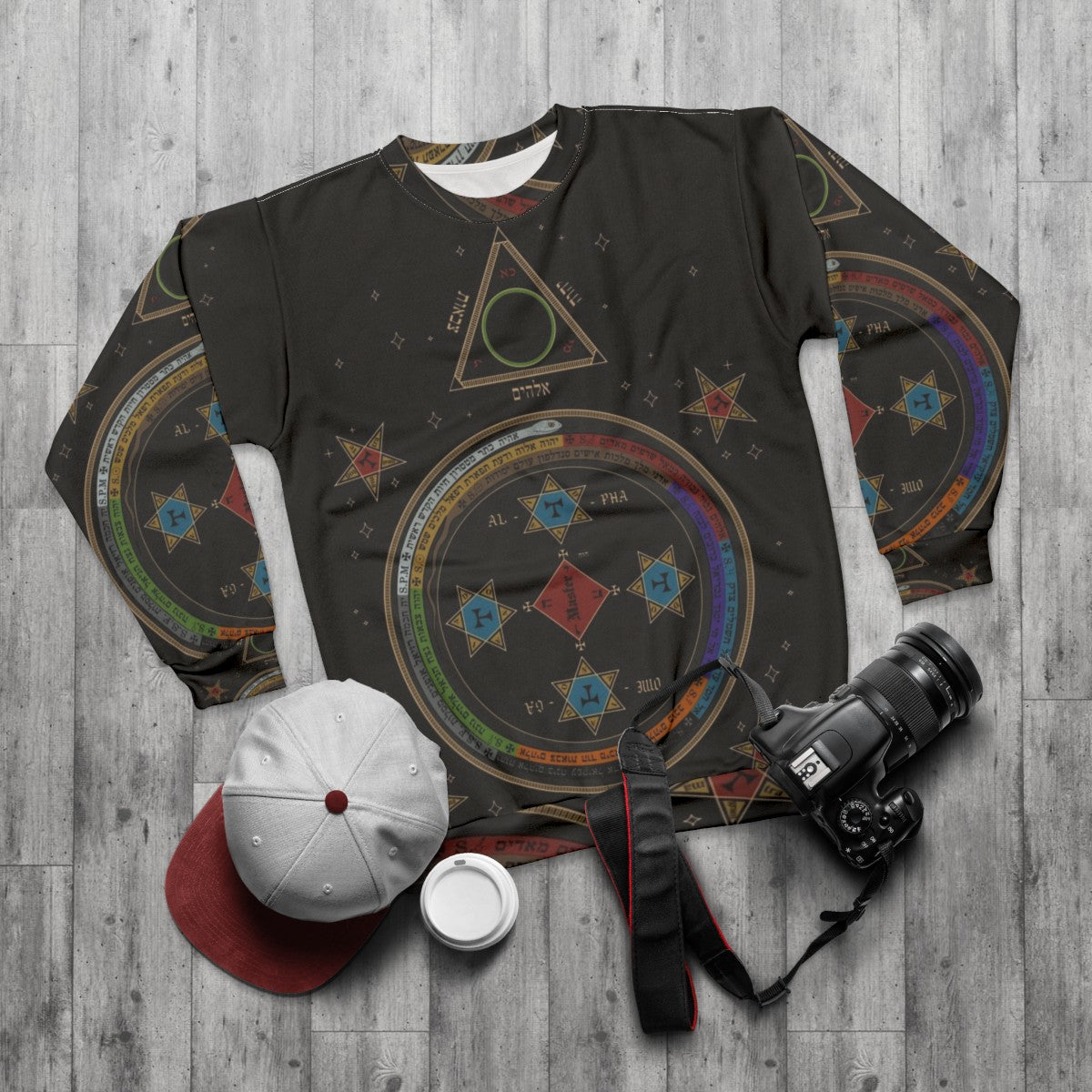 Occult sweatshirt with Goetia circle triangle design - flat lay