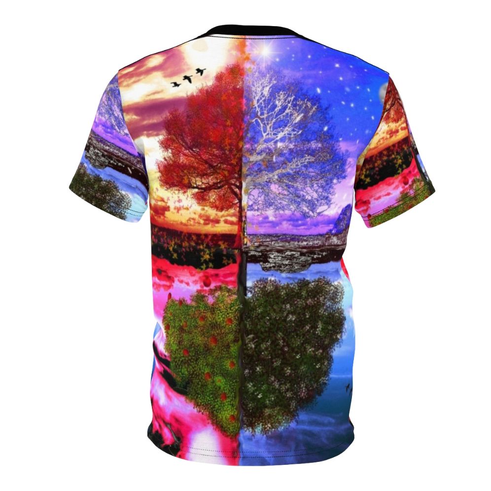 All-over-print t-shirt featuring a beautiful four seasons landscape design with a tree and natural reflection - Back