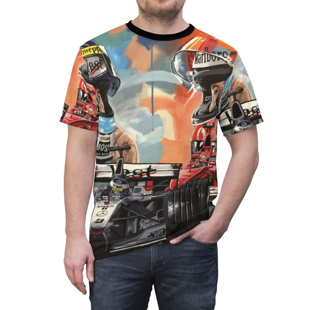 Formula One Racing Inspired T-shirt Featuring Michael Schumacher and Mika Hakkinen - men front