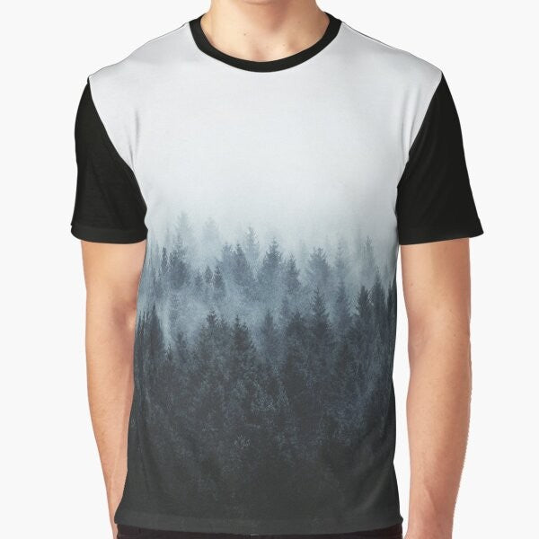 A nature landscape graphic t-shirt featuring trees, fog, and mountains for outdoor adventure and wanderlust