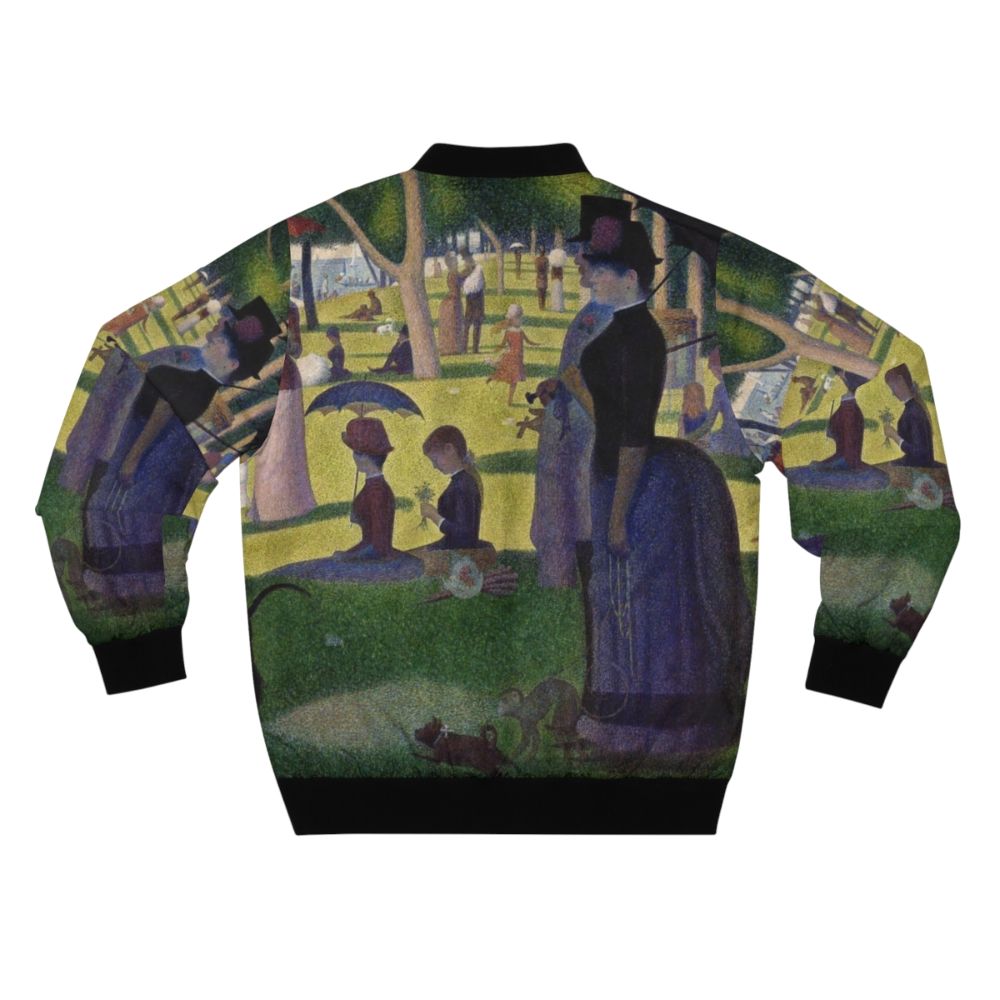 A bomber jacket featuring a pointillist design inspired by Georges Seurat's painting 'Sunday Afternoon on La Grande Jatte' - Back