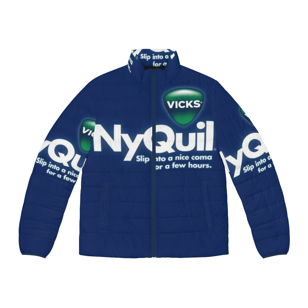 Nyquil Puffer Jacket with honest branding