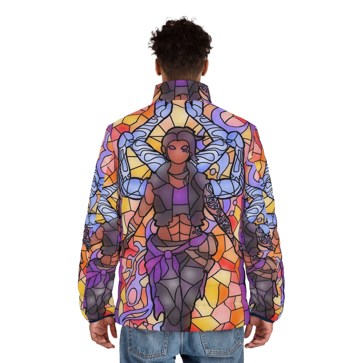 Amara from Borderlands wearing a stylish puffer jacket with a stained glass design - men back