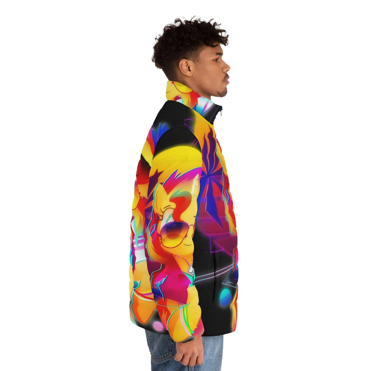 Sunset Shimmer inspired synthwave puffer jacket with retro 80s neon vaporwave design - men side right