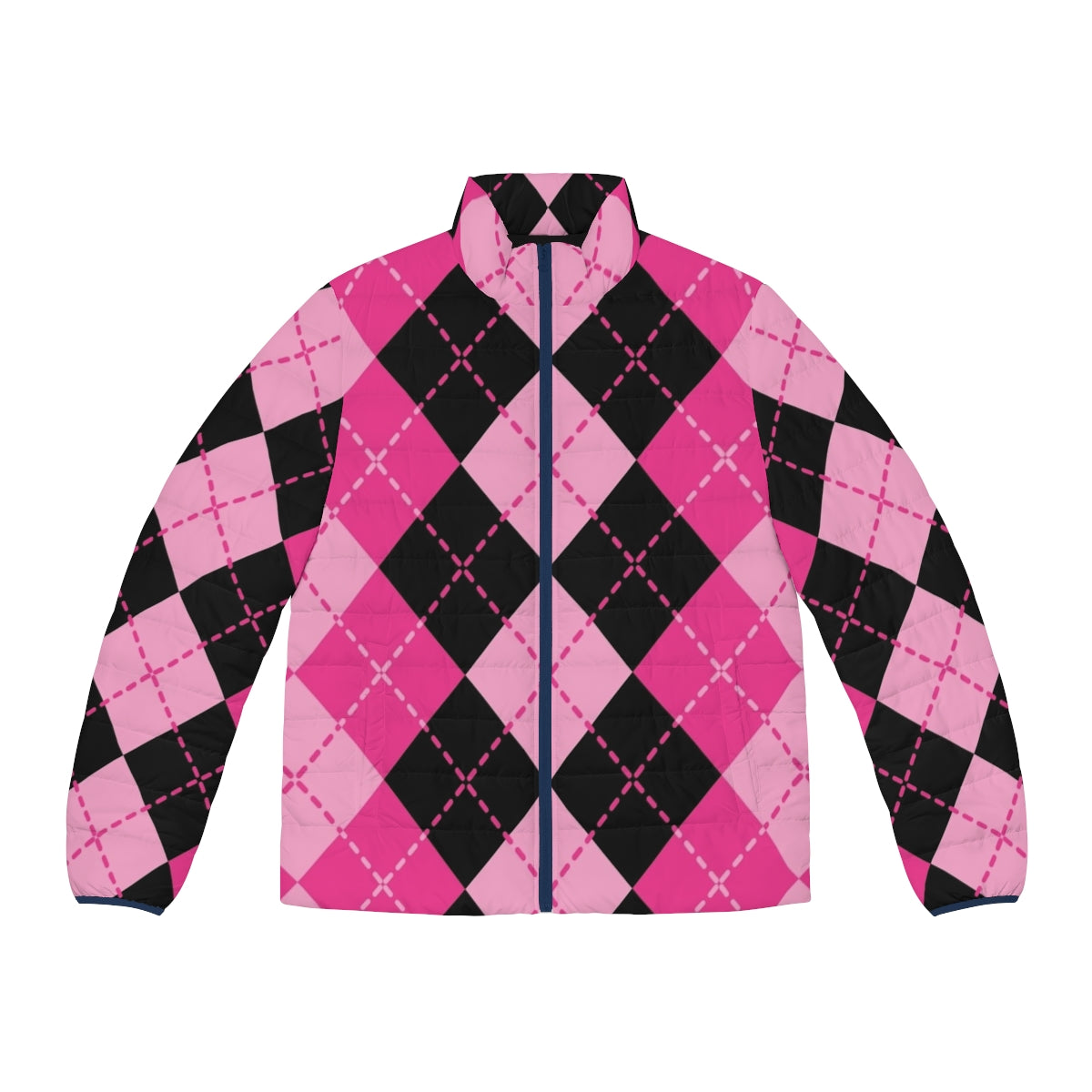 Retro pink argyle puffer jacket with classic diamond pattern design