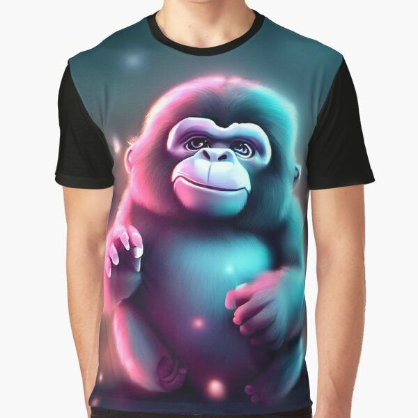 Cute and friendly cartoon-style gorilla graphic on a t-shirt