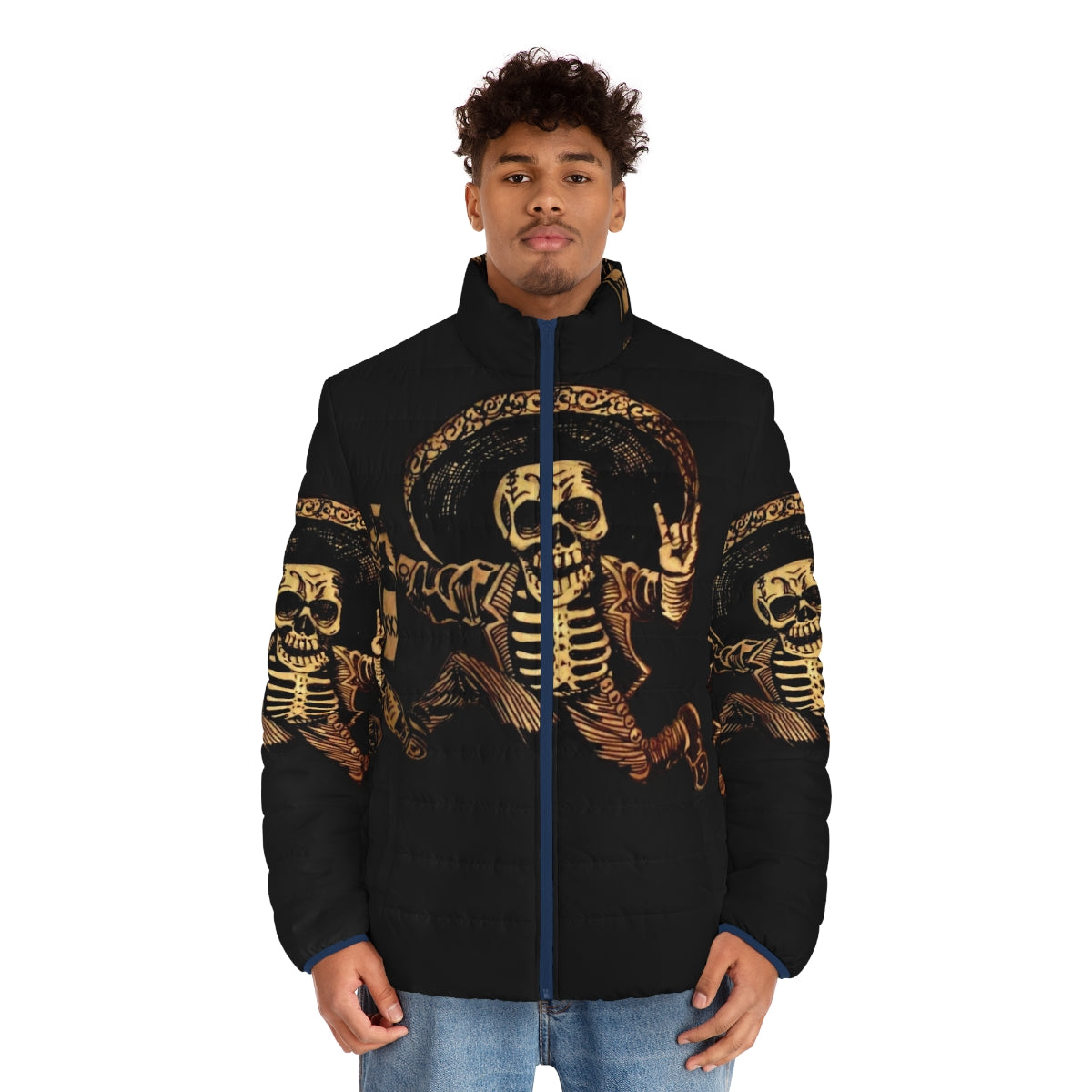 Dia de los Muertos inspired puffer jacket with sugar skull and outlaw design - men front