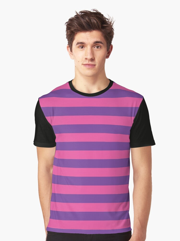 Striped Cheshire Cat graphic t-shirt in shades of pink and purple - Men