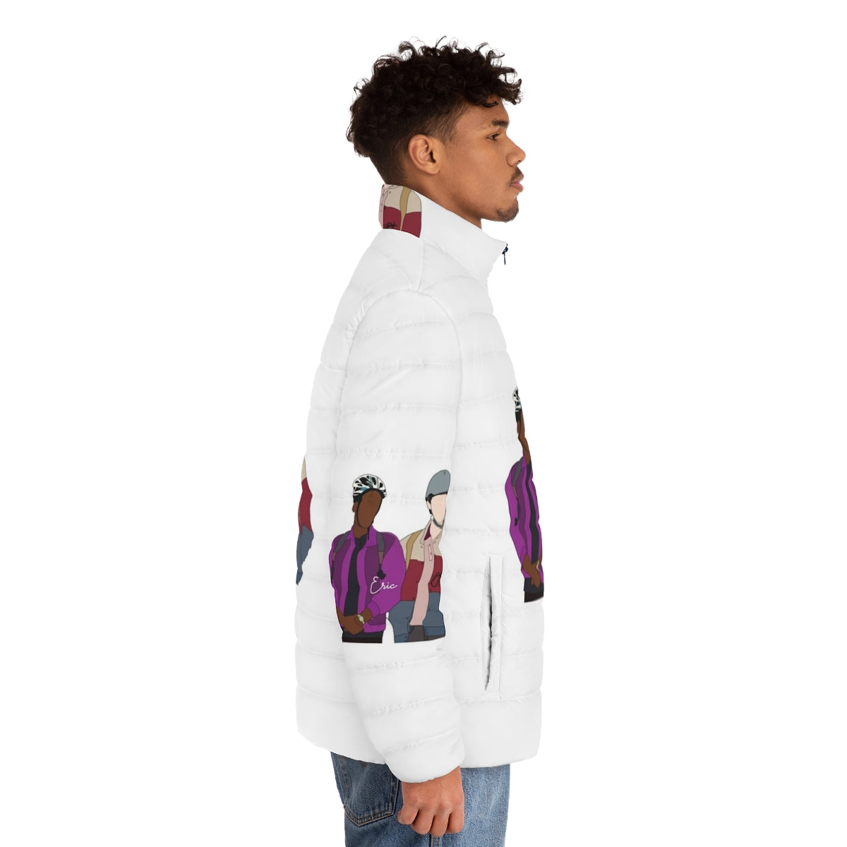 Sex Education Otis and Eric Puffer Jacket featuring the main characters from the Netflix series - men side right