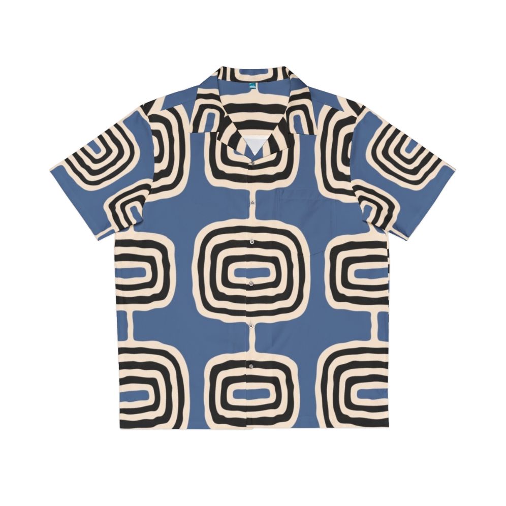 Mid century modern Hawaiian shirt with abstract atomic rings pattern