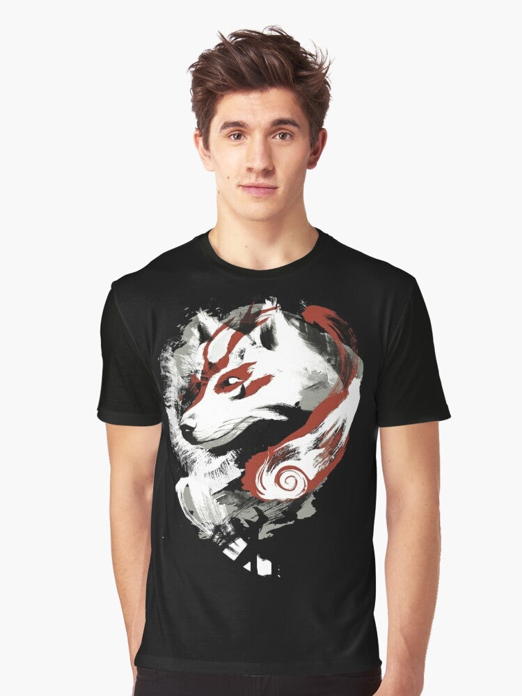 Wolf graphic design on a t-shirt with a retro, painterly style inspired by the video game Okami - Men