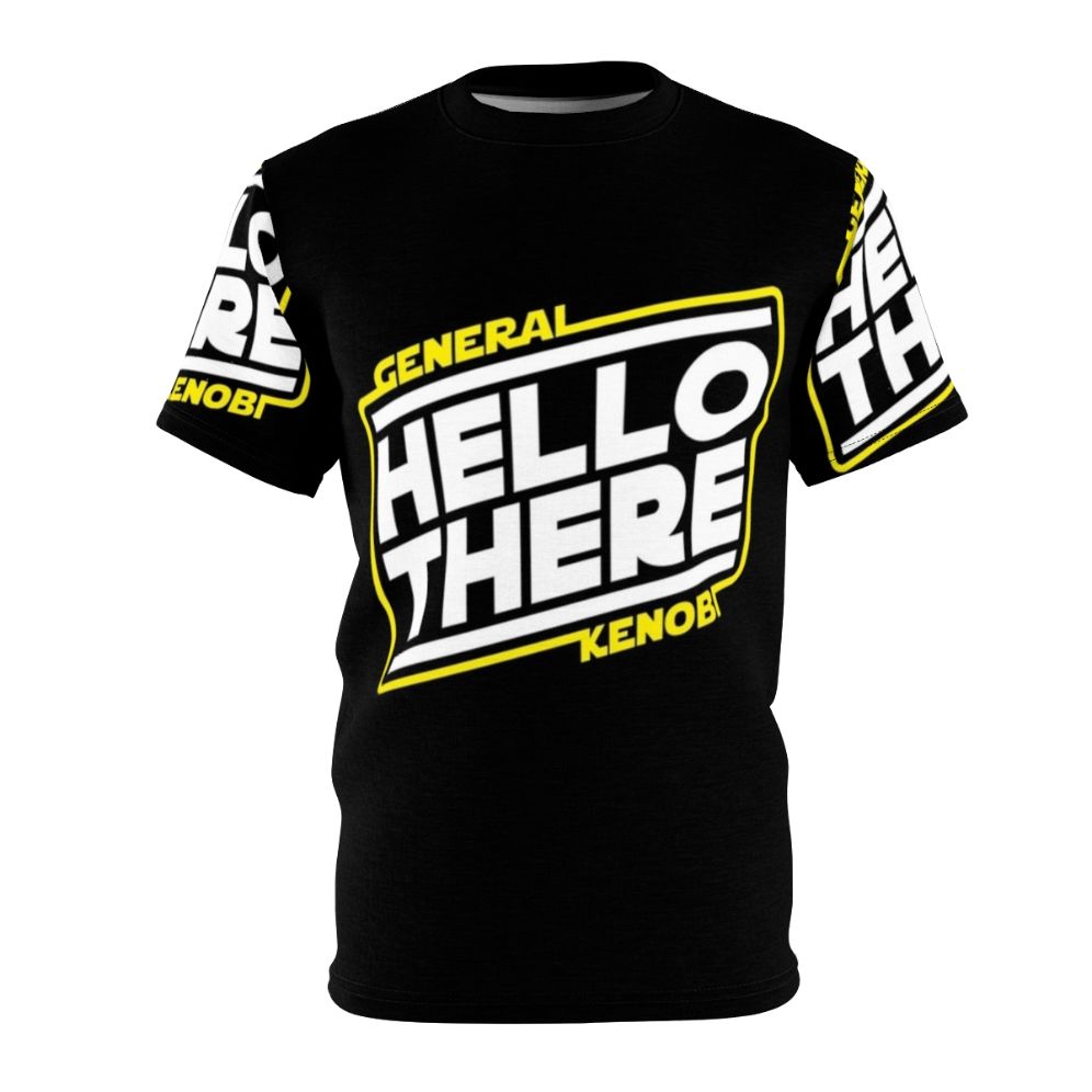 "Star Wars-inspired AOP T-shirt featuring Obi-Wan Kenobi's famous 'Hello There' quote"