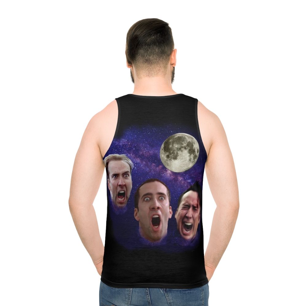 Unisex tank top featuring a Three Cage Moon meme design - men back