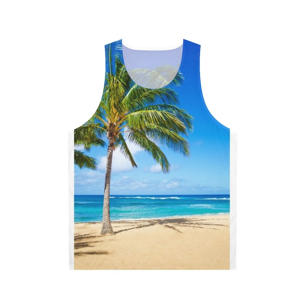 Unisex tank top with palm trees on a sandy beach in Hawaii