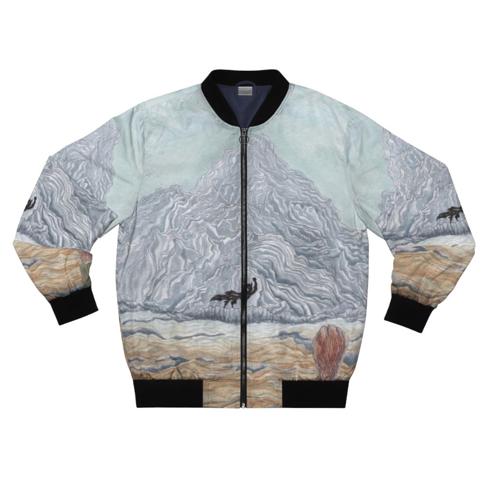 Wes Anderson "The Winter Wolf" Fantastic Mr. Fox inspired bomber jacket with watercolor illustrations of a wolf, fox, and mountain landscape.