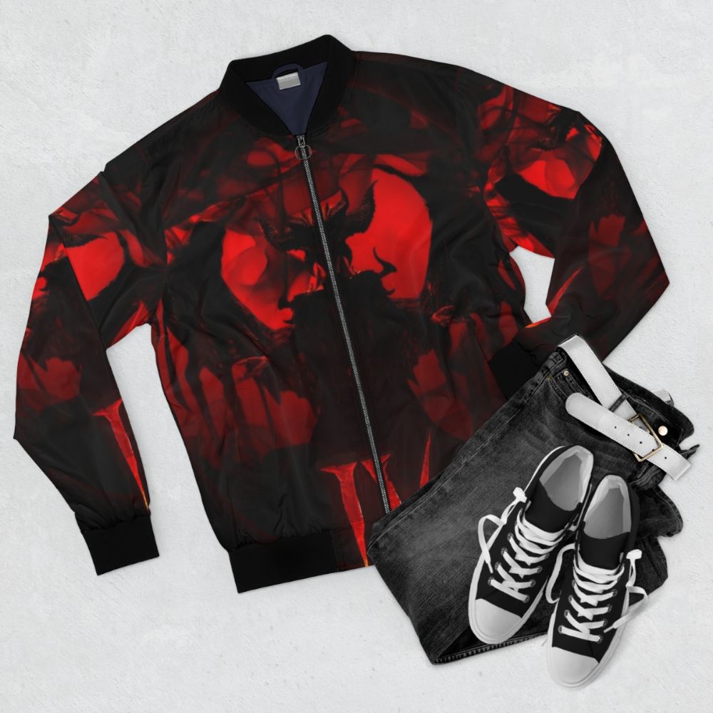 Diablo 4 Lilith themed bomber jacket with dark, demonic design - Flat lay