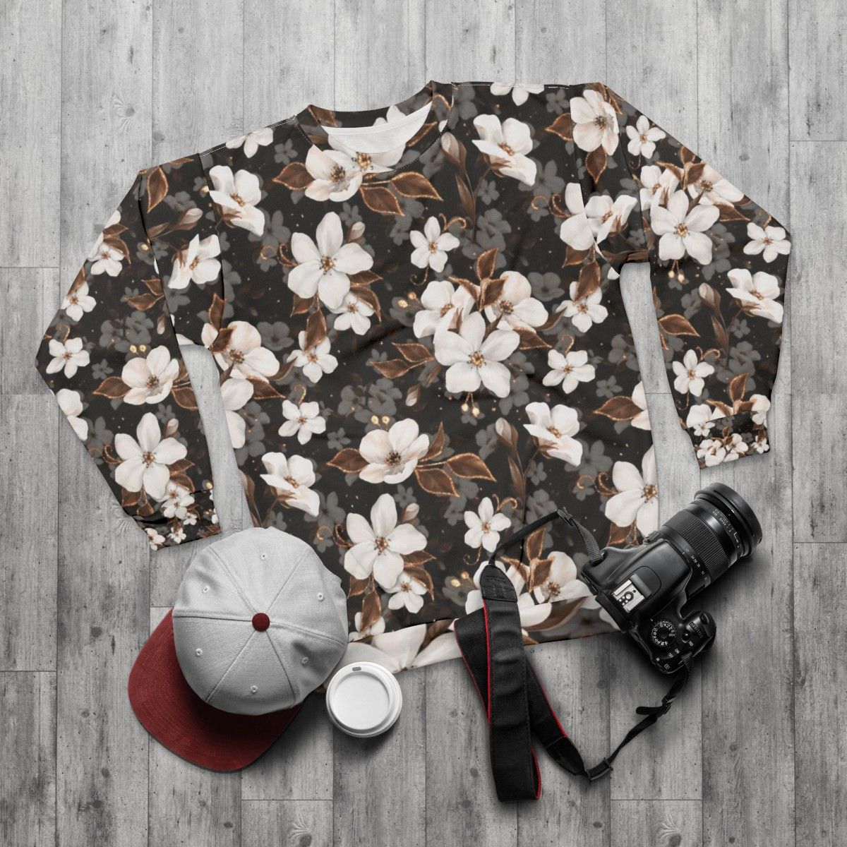 Floral sweatshirt with apple flower pattern - flat lay