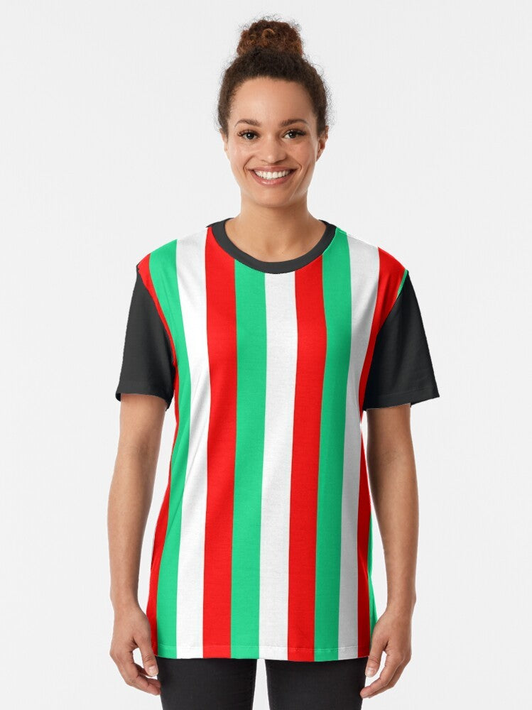 Red, green, and white striped graphic t-shirt for men and women - Women