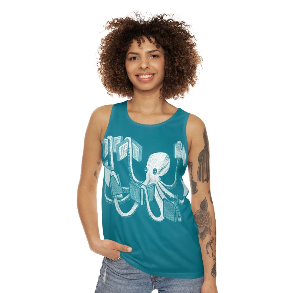 Unisex tank top with octopus and book design - women