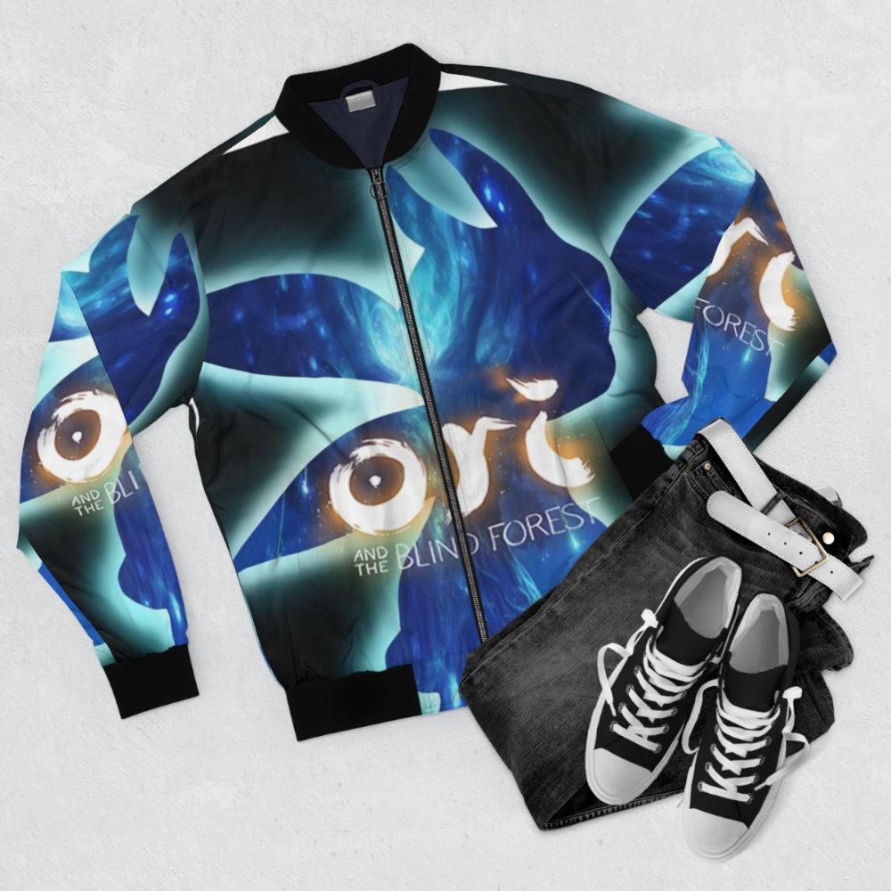 Ori and the Blind Forest inspired bomber jacket featuring the game's iconic characters and world - Flat lay