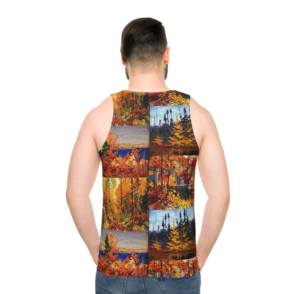 Unisex tank top featuring autumn foliage inspired by Canadian artist Tom Thomson - men back