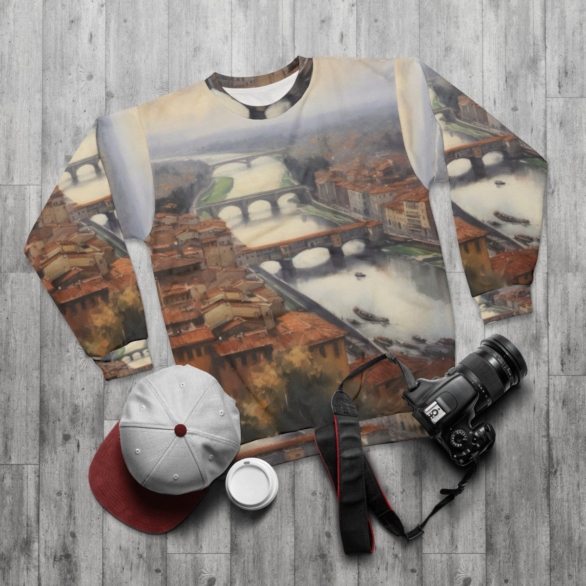 Florence Italy Sweatshirt with Cathedral and Landscape Artwork - flat lay