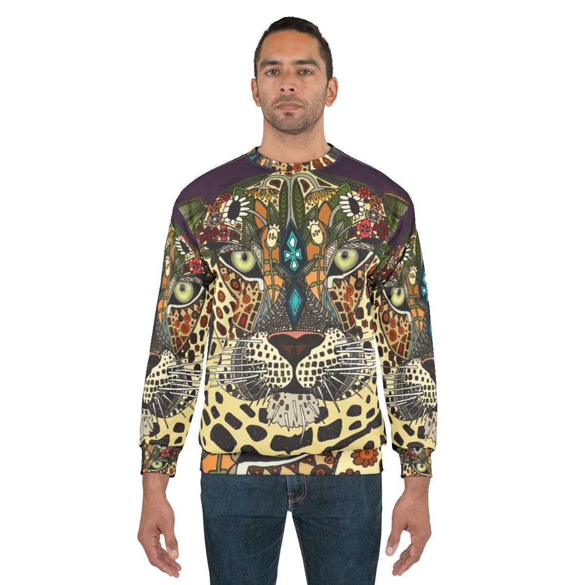 Leopard print sweatshirt with tribal and botanical design - men