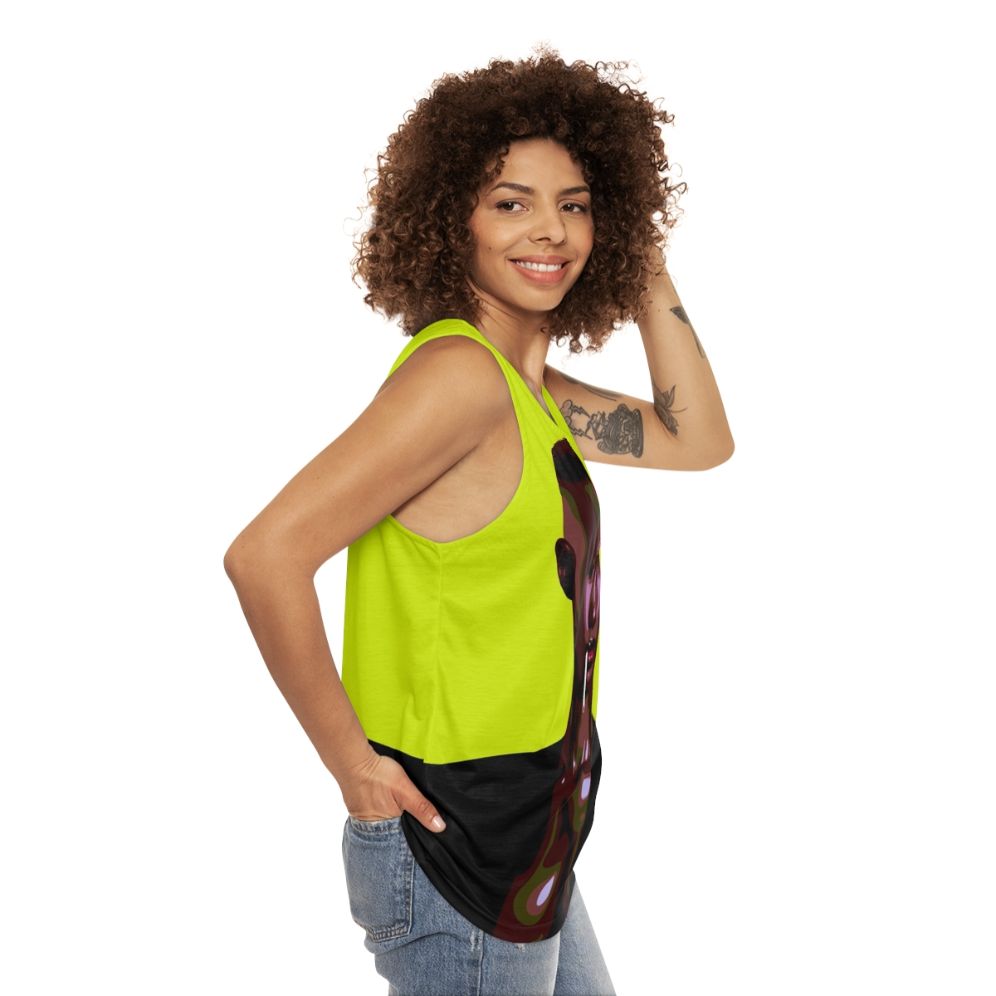 Iconic 80s leatherette tank top with stylized pop art portrait - women side