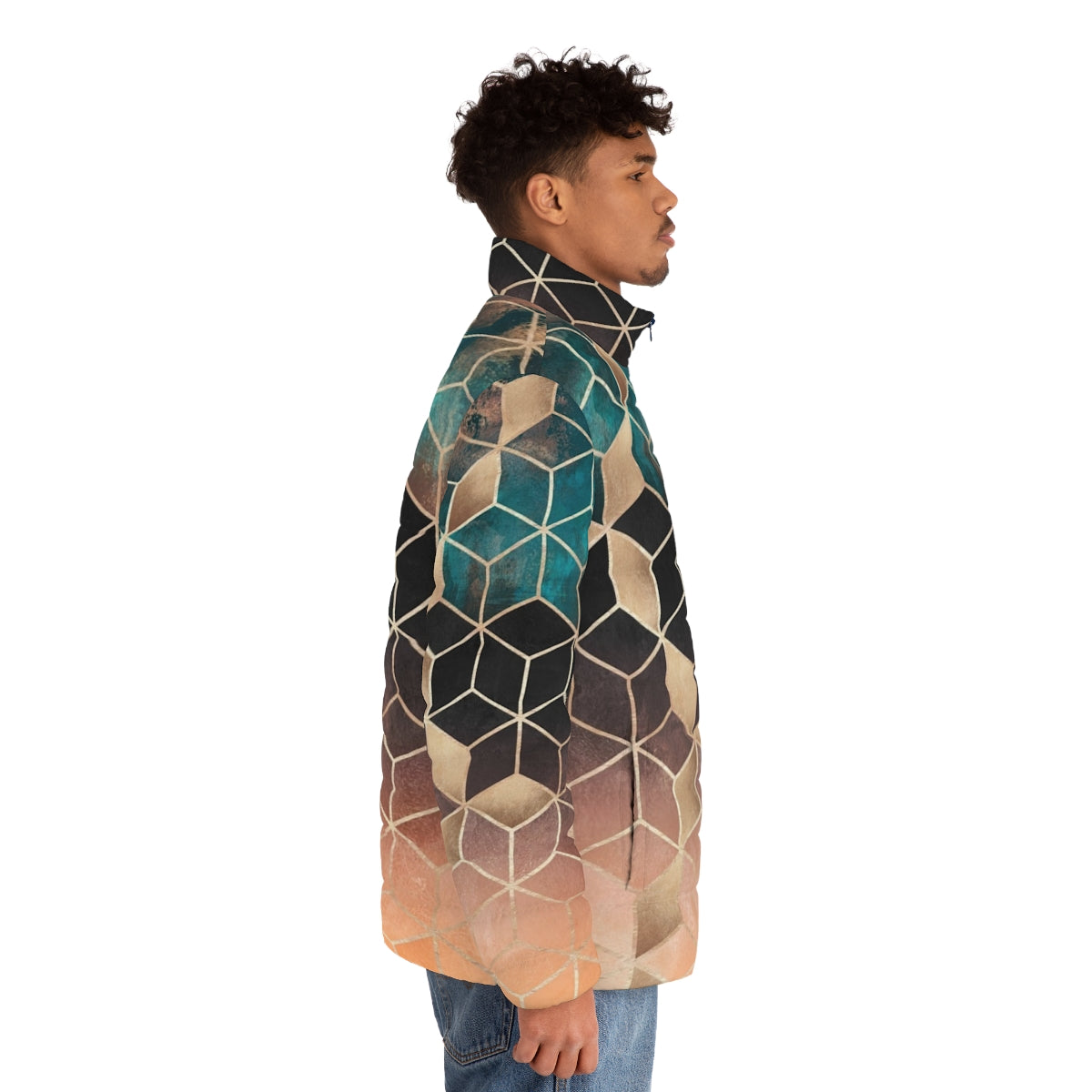 Ombre Dream Cubes Geometric Puffer Jacket with a modern, abstract cube pattern - men side right