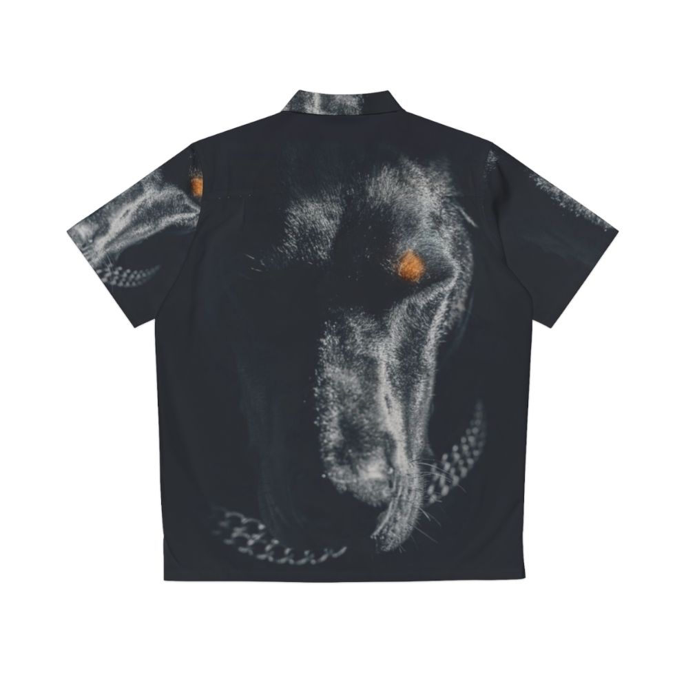 Doberman wearing a tropical Hawaiian print shirt - Back