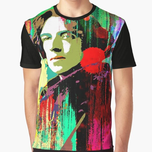 Stylish graphic t-shirt featuring the portrait and signature of famous Irish writer and literary icon Oscar Wilde, known for his contributions to LGBTQ+ culture.