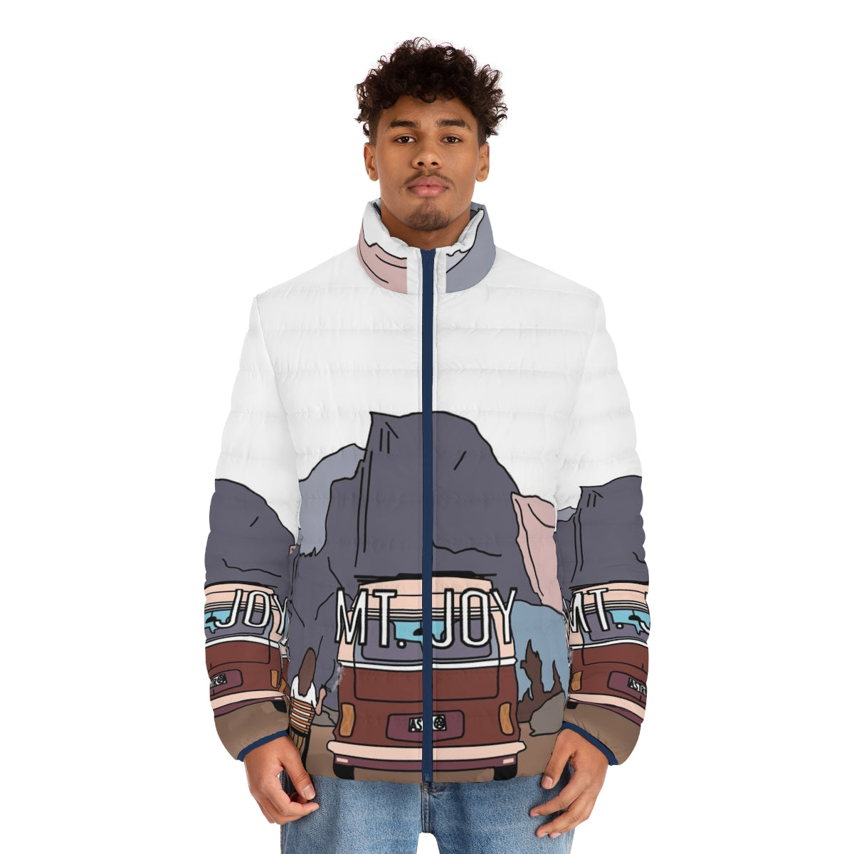 Mt Joy Astrovan Original Digital Artwork Puffer Jacket featuring mountains and indie folk music inspired design - men front