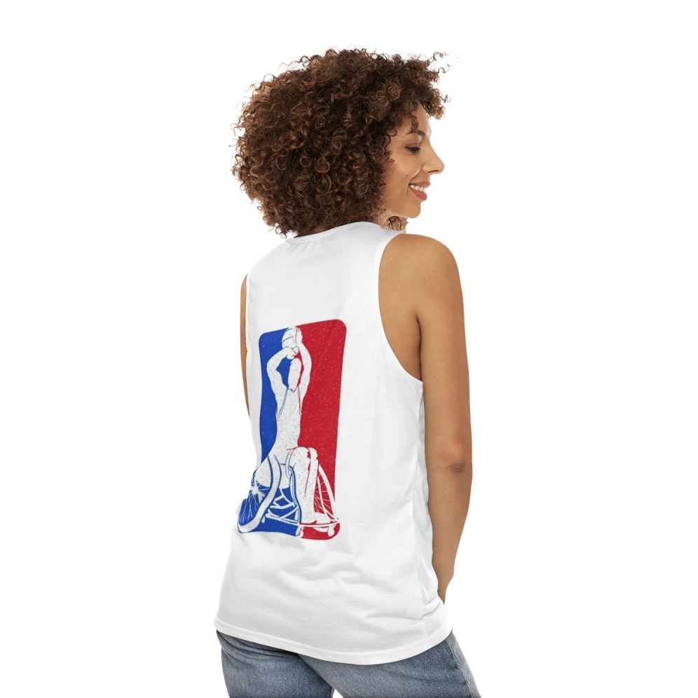 Wheelchair basketball player wearing a unisex sports tank top - women back