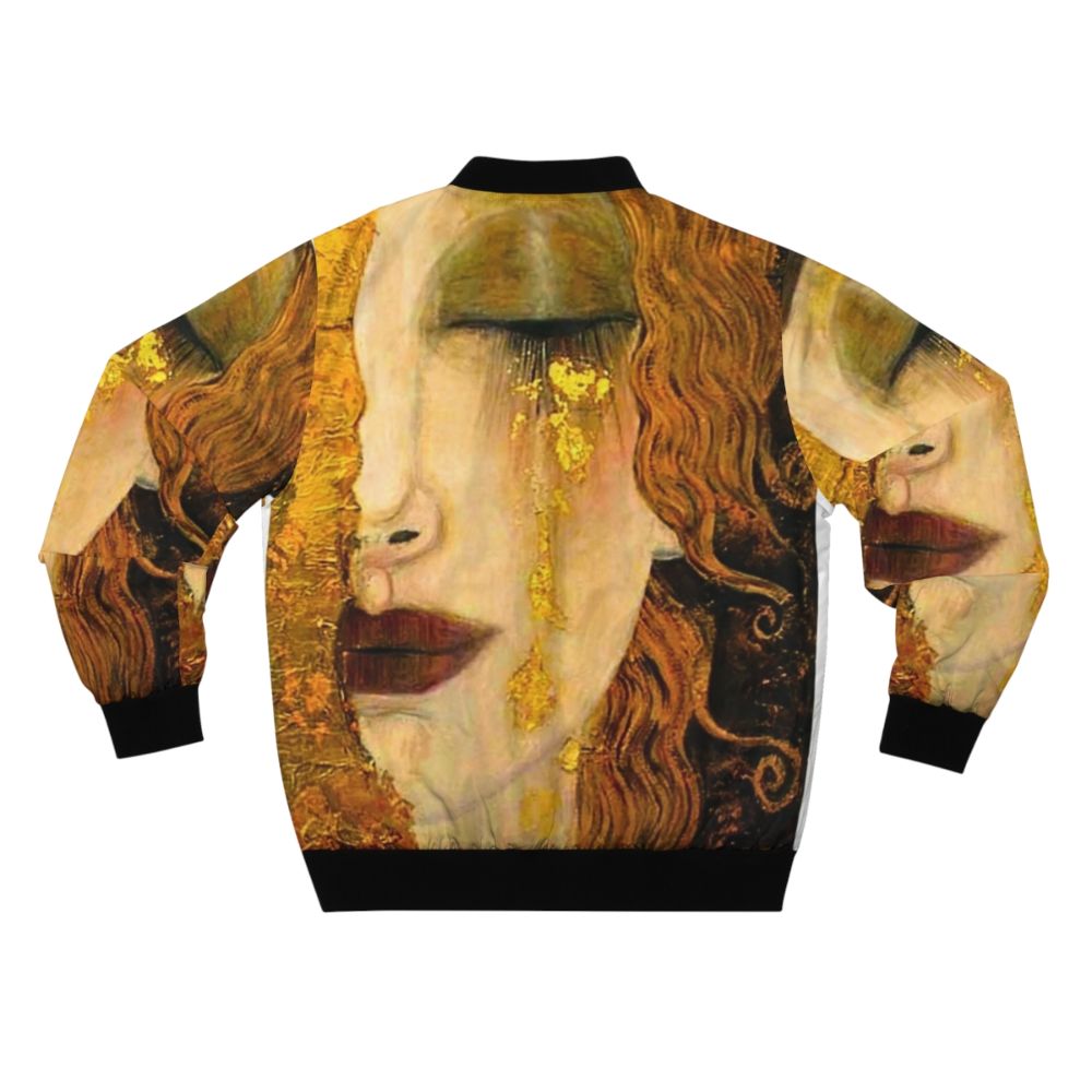 Golden Tears Klimt-Inspired Bomber Jacket featuring art nouveau floral design and metallic gold accents - Back