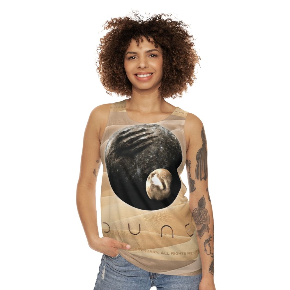 Dune movie inspired unisex tank top with planet and moon design - women