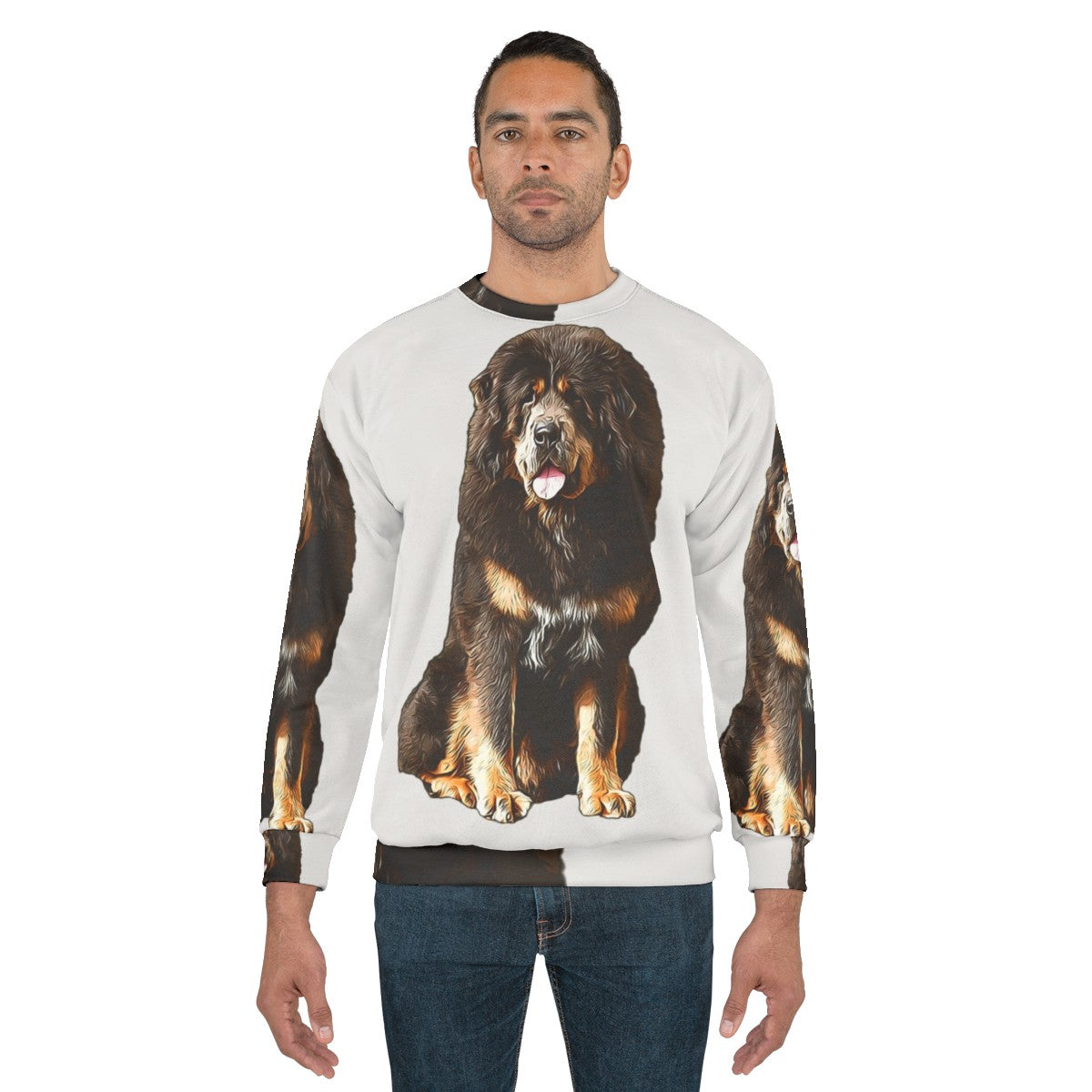 Tibetan Mastiff wearing a cozy animal print sweatshirt - men