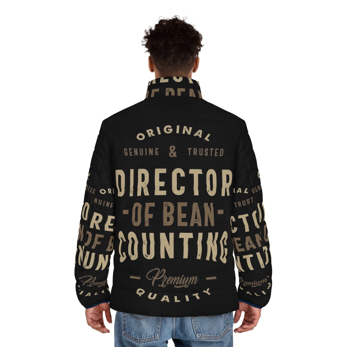 Director of Bean Counting wearing a puffer jacket for business professionals - men back