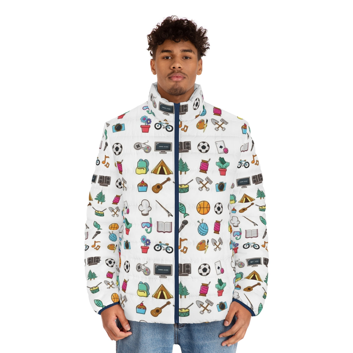 Hobbies Sticker Pack Puffer Jacket featuring icons for various hobbies like music, travel, food, reading, yoga, and more - men front