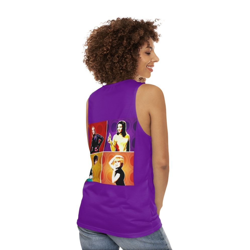 Unisex tank top featuring pop art designs of classic TV heroines - women back