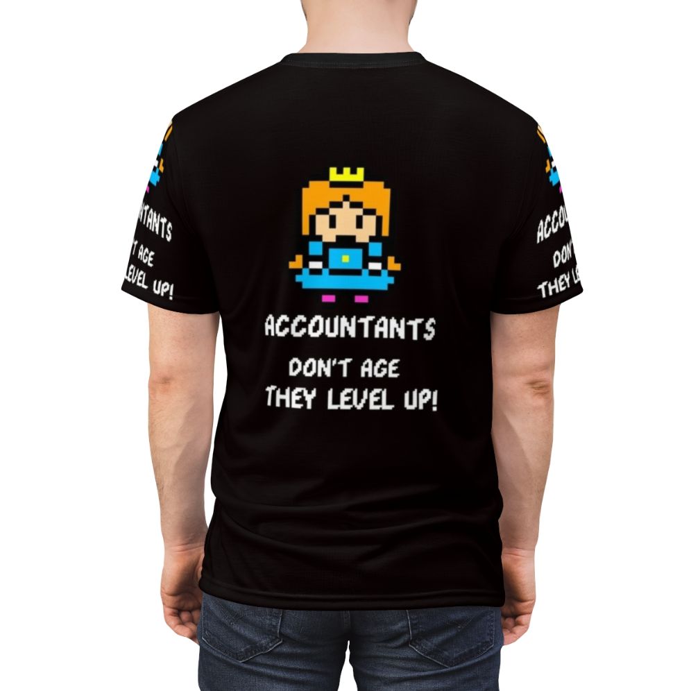 Accountant 8-bit gaming T-shirt with "Accountants Don't Age, They Level Up" design - men back