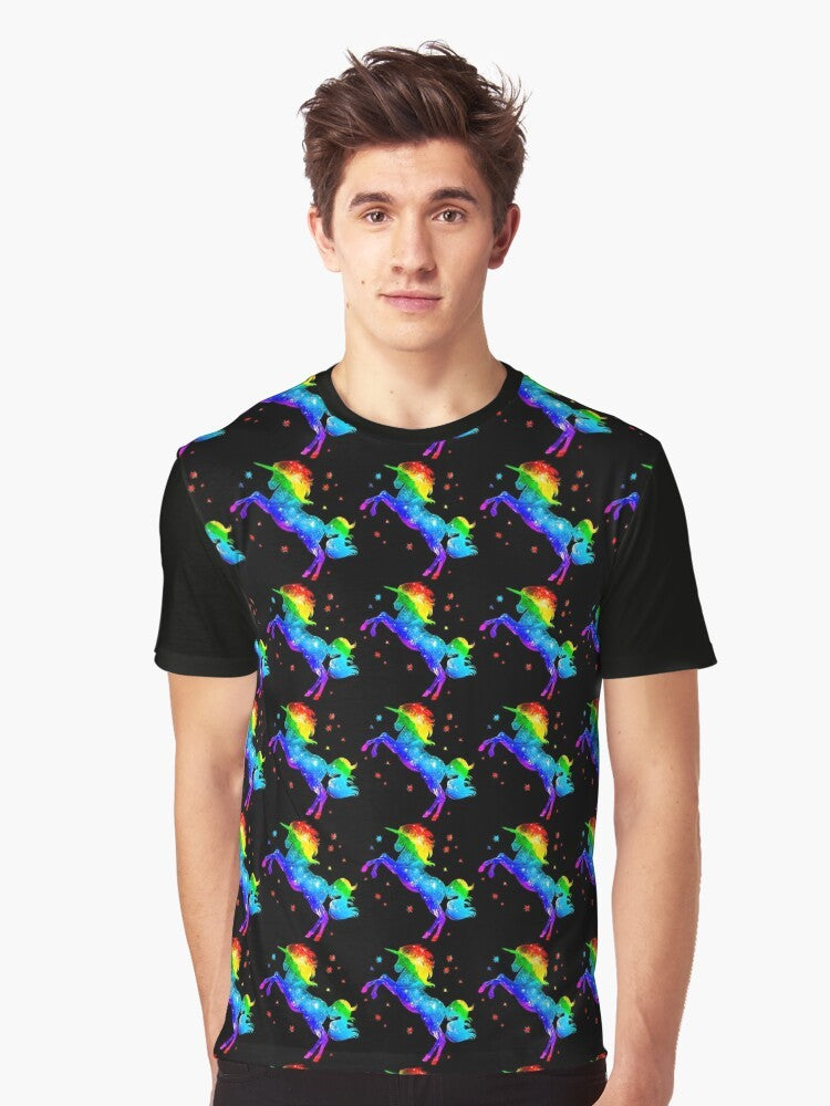 Vibrant graphic tee featuring a majestic unicorn against a captivating galaxy backdrop with swirling stars and a rainbow palette. - Men