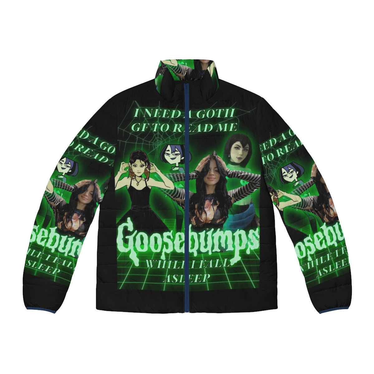 Goth-inspired puffer jacket with Goosebumps-themed design