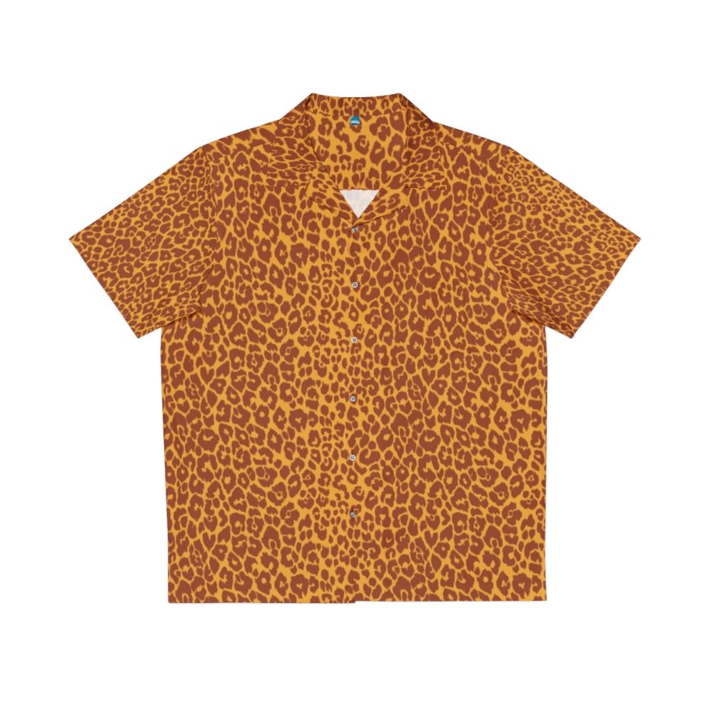 Vintage-style Hawaiian shirt with leopard spots in gold ochre and terra cotta colors