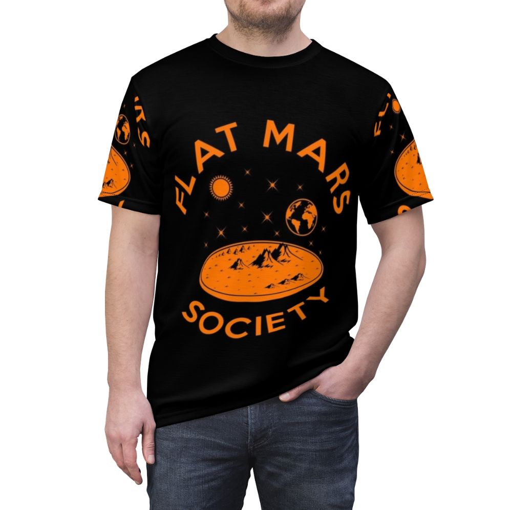 Flat Mars Society T-shirt featuring space, planets, and astronauts - men front