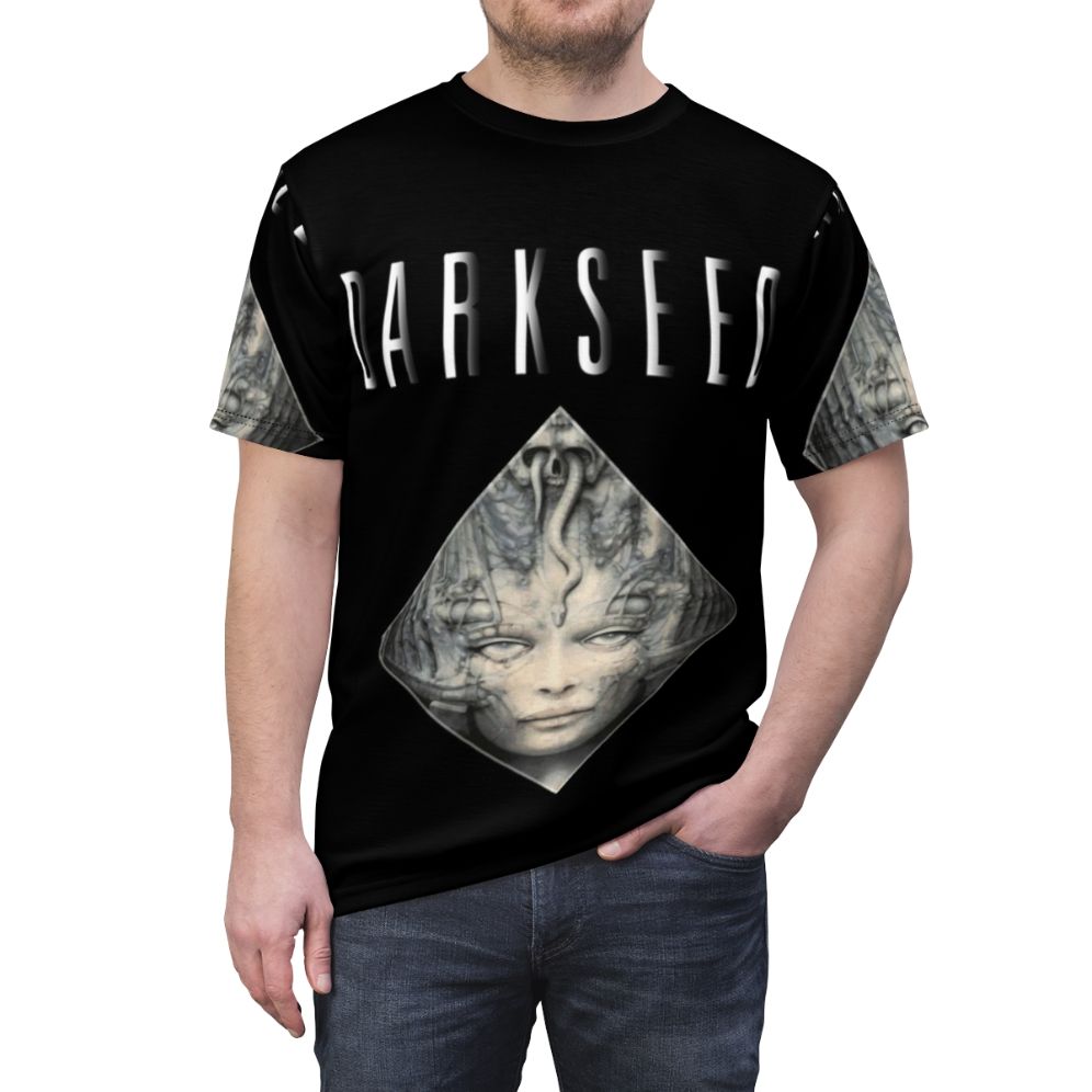 Biomechanical dark seed inspired retro gaming t-shirt - men front