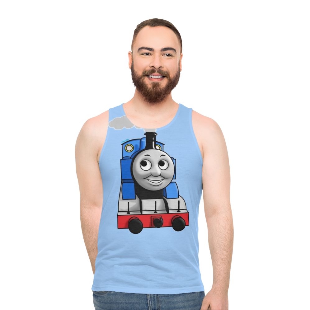 Vintage illustration of Thomas the Tank Engine on a unisex tank top - men