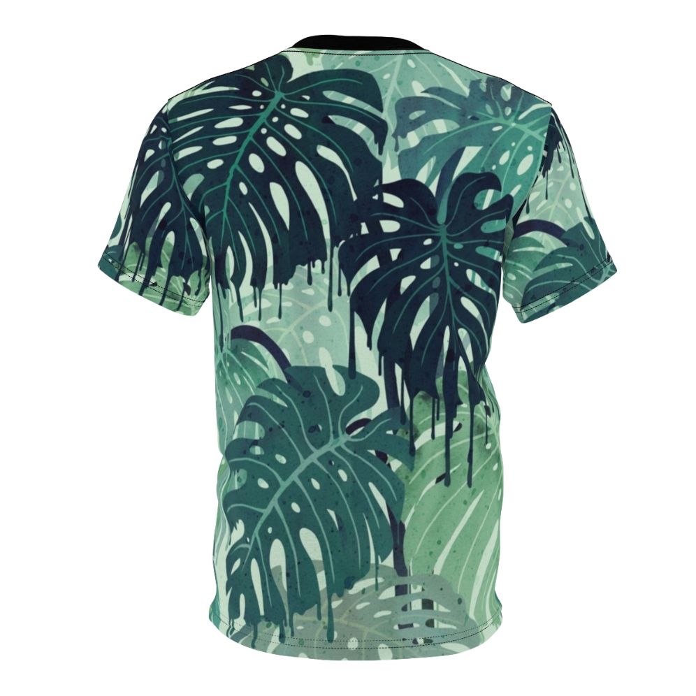 Closeup of a vibrant, tropical monstera leaf print on a t-shirt - Back