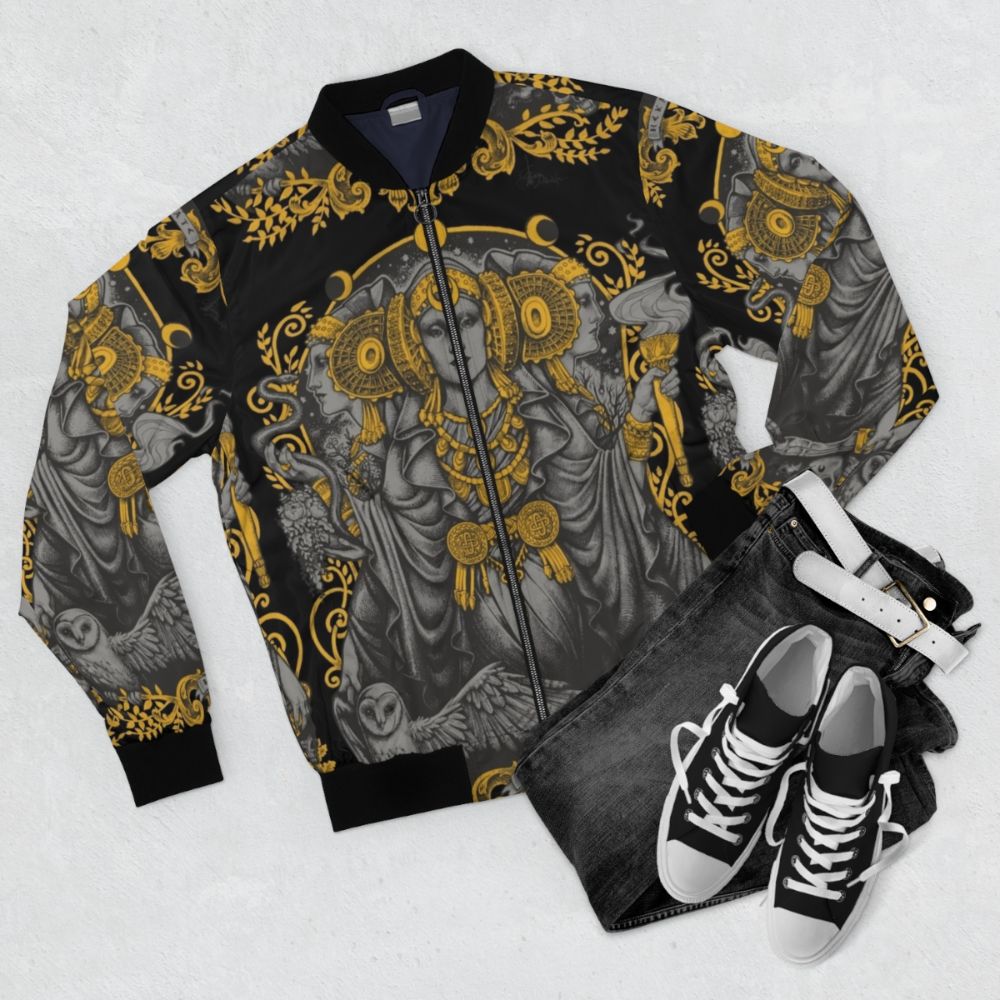 Iberian Hecate Gray Bomber Jacket with Mystical Iberian Art Influences - Flat lay